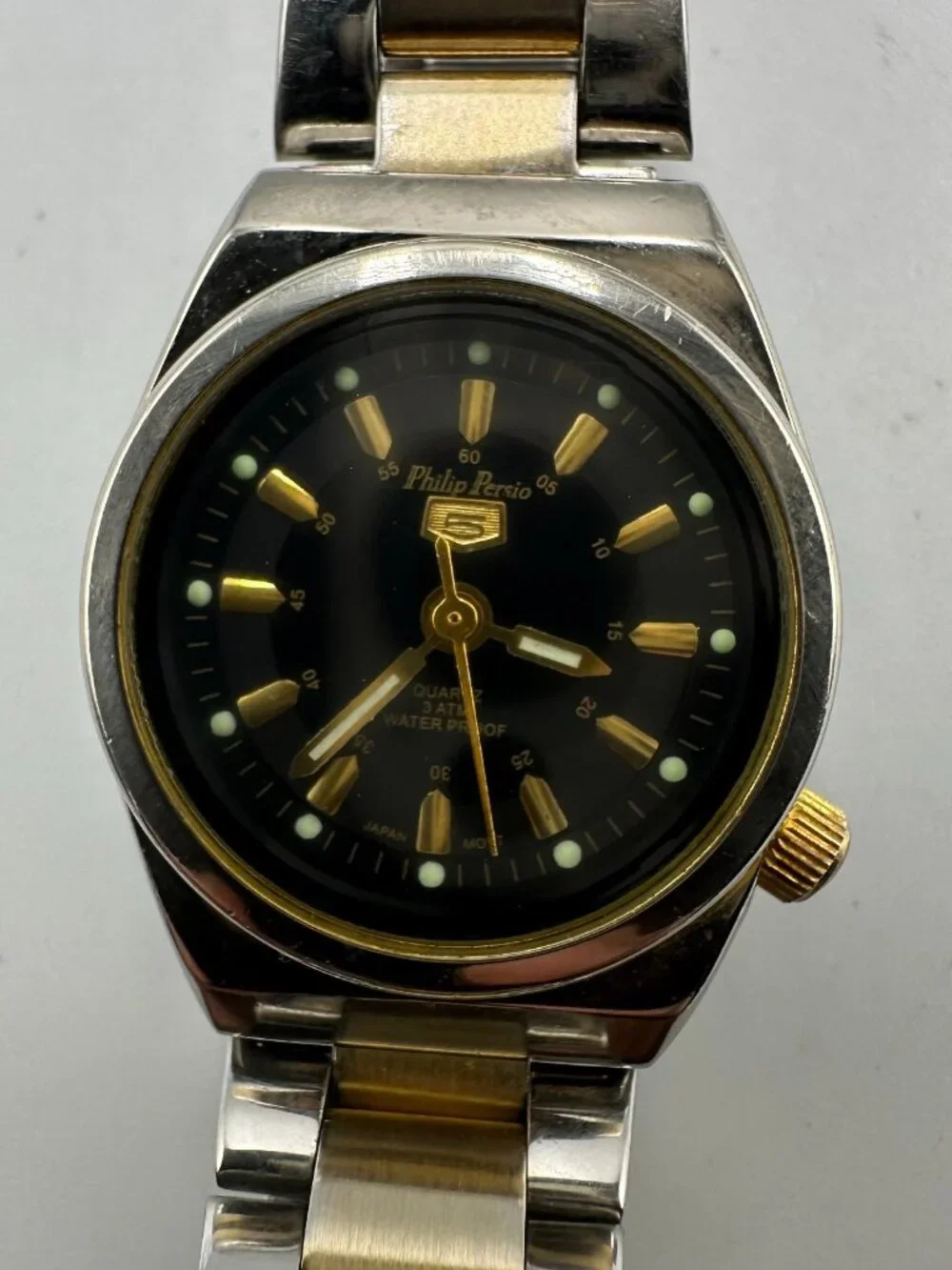Philip Persio Watch Women Silver Gold Two Tone Black Dial 24MM New Battery 6.5